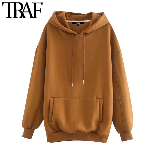 

traf women fashion oversized fleece hoodie sweatshirts vintage long sleeve pockets warm female pullovers chic 210415, Black