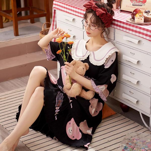 

women's sleepwear cute doll collar lotus leaf five-point sleeve nightdress ladies cotton comfortable loose casual plus size korean, Black;red