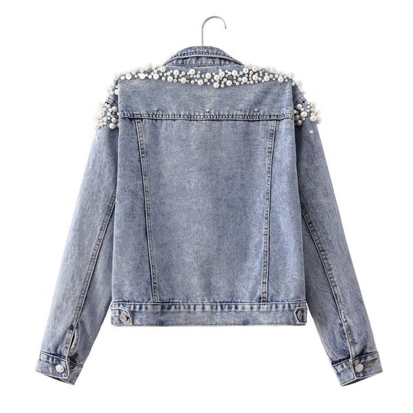 

2021 spring autumn new nail bead short casual pearl loose and thin jacket jeans jacket women, Black;brown