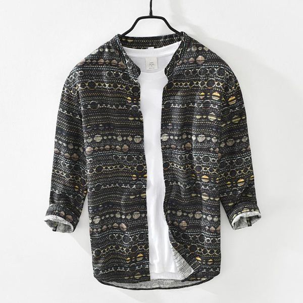 

men's casual shirts m2817 men vintage dot print stand collar breathable healthy linen chic male smart three quarter sleeve black, White;black