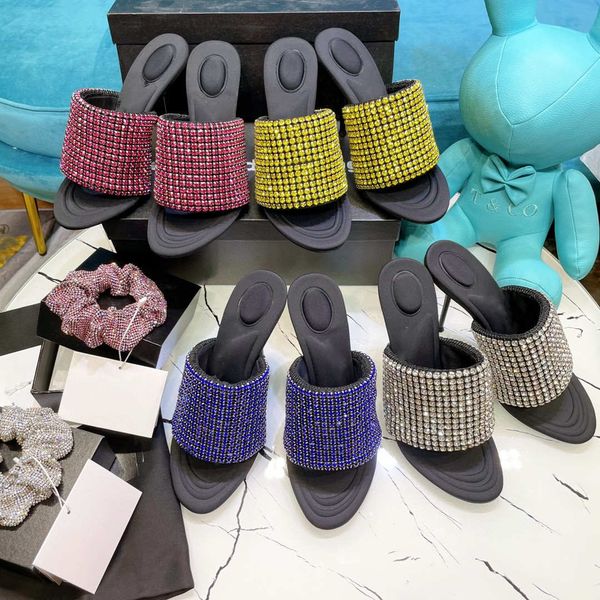 

full diamond fish mouth high heel sandals stiletto slippers, Black