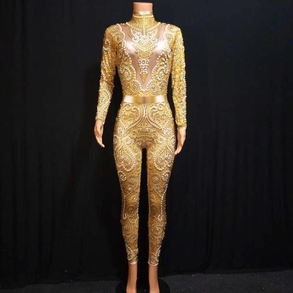 

women's jumpsuits & rompers gold rhinestones evening party women stretch skinny pearls bodysuit prom costumes club singer dancer stage, Black;white