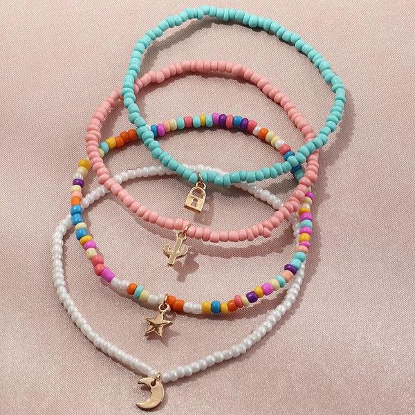 

anklets 4pcs/set bohemia handmade beads anklet moon star pendant elastic barefoot chain foot jewelry for women summer beach accessories, Red;blue