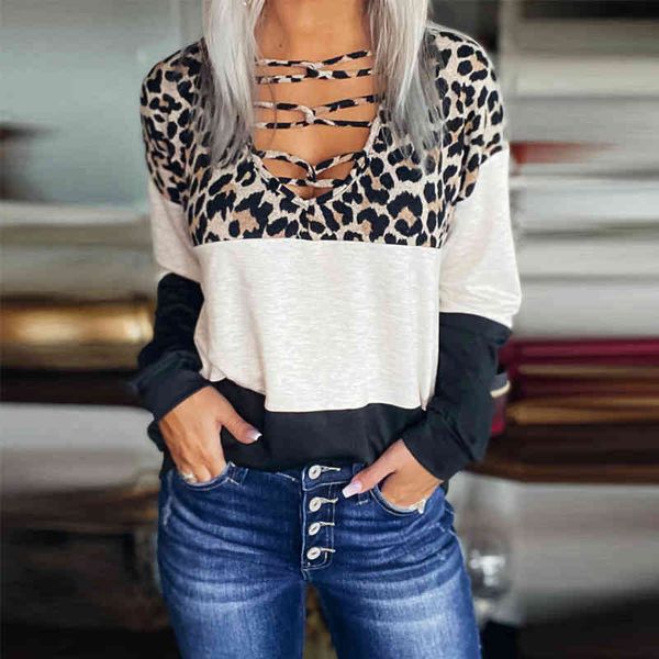 

women low-cut t-shirts v neck cross straps leopard patchwork loose long sleeve casual pullover tees female autumn 210412, White