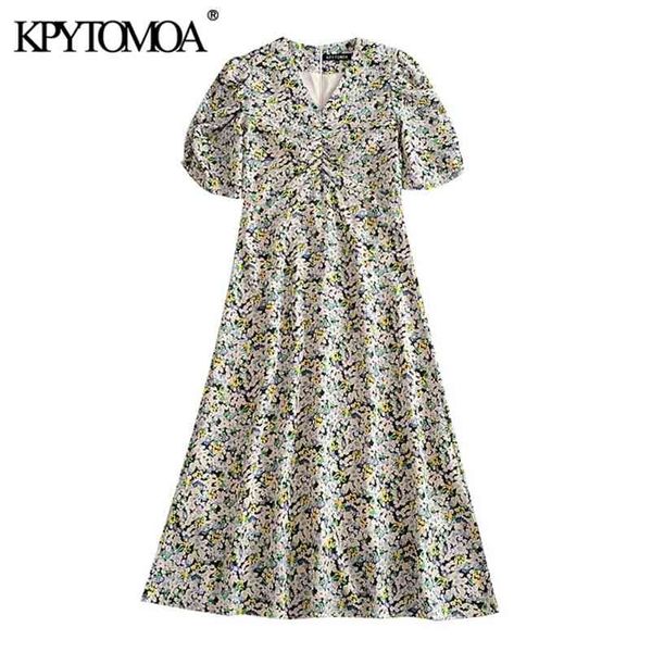 

women chic fashion floral print draped midi dress vintage puff sleeve back zipper with lining female dresses mujer 210420, Black;gray