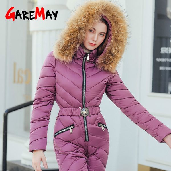 

winter hooded jumpsuits parka elegant cotton padded warm sashes ski suit straight zipper one piece women's casual tracksuits 210428, Black;white