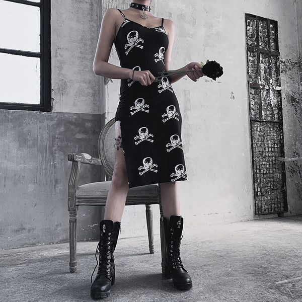 

dress women gothic punk printed sleeveless spaghetti straps split party dress harajuku street fashion dark dress girl, Black;gray