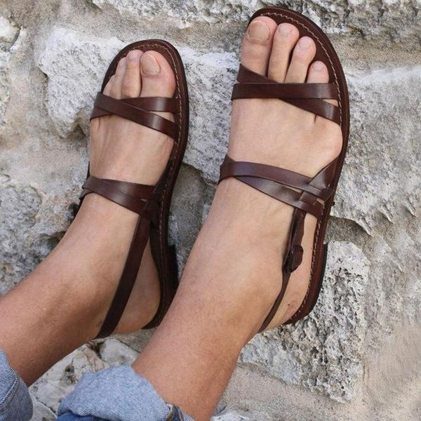 

leisure flat with rome gladiator women sandals basic back strap concise boho shoes buckle shallow peep toe plus size, Black