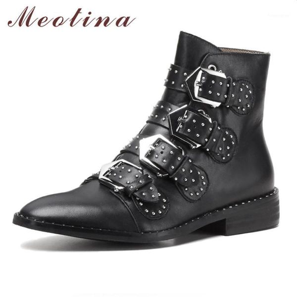 

boots meotina winter motorcycle women natural genuine leather rivets flat ankle punk buckle round toe shoes lady autumn 391, Black