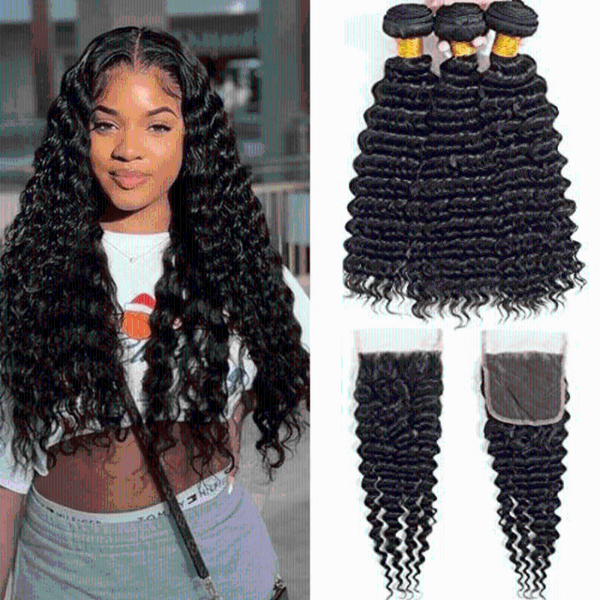 

human hair bulks 30 inch deep wave bundles with closure 3 pcs/lot brazilian weave curly remy extension, Black
