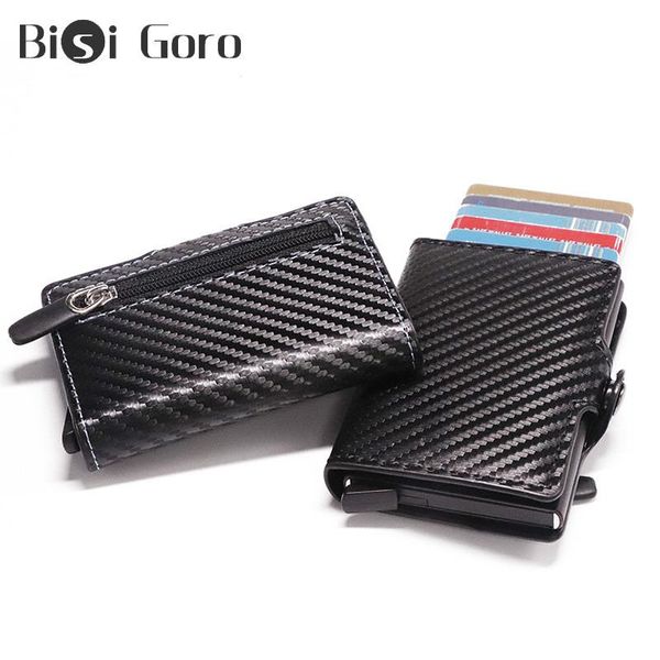 

card holders bisi goro carbon fiber anti rfid holder business men button wallet male coin purse id with zipper, Brown;gray