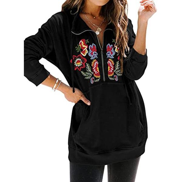

women's hoodies & sweatshirts fashion floral embroidery sweatshirt women oversized long sleeve zipper stand collar black plus size suda