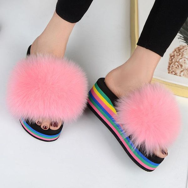 

slippers fashion fur 2021 women's house furry plush summer outdoor rainbow colored wedge heel sweet slides, Black