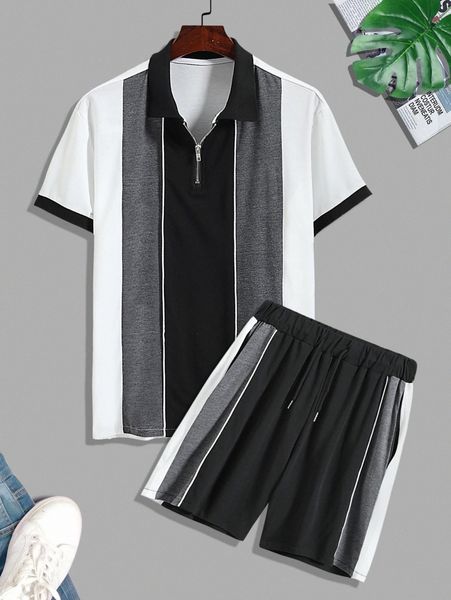 

men colorblock polo shirt & drawstring waist shorts n5pj#, Gray