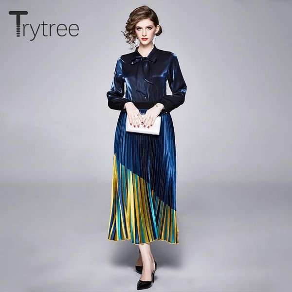 

two piece dress trytree 2021 autumn women set casual bow solid vintage blouse + skirt pleated patchwork fashion 2, White