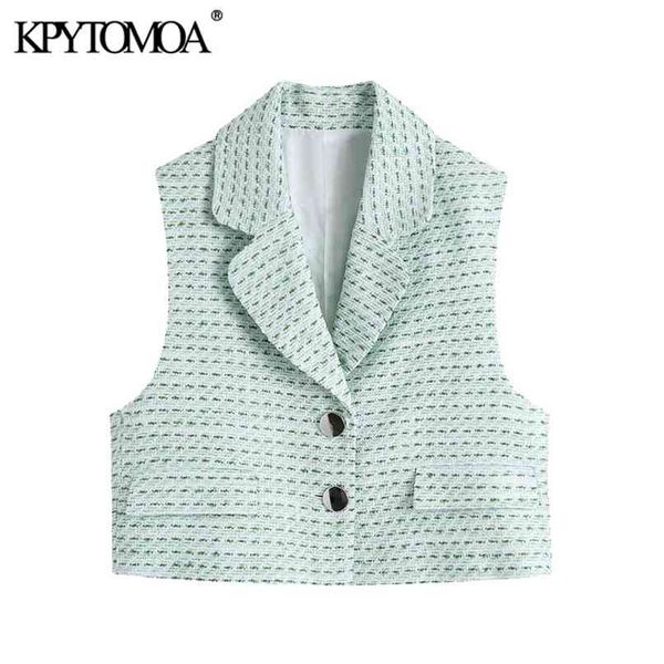 

kpytomoa women fashion with metal button tweed cropped vest coat vintage sleeveless flap pockets female waistcoat chic 210915, Black;white