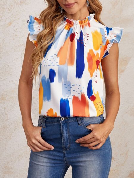 

1pc frill mock neck ruffle armhole brush stroke print 90ra#, White