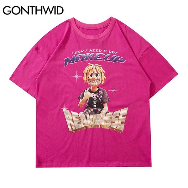 

tshirts harajuku funny anime cartoon puppet short sleeve fashion summer wild loose streetwear cotton mens tees 210602, White;black