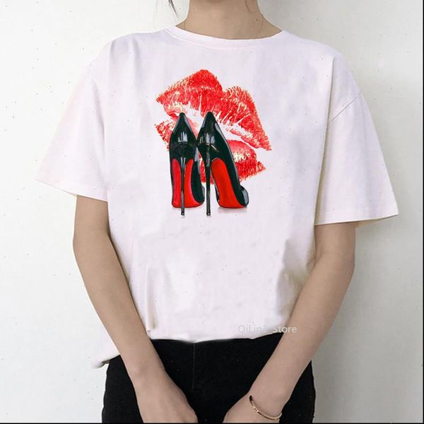

watercolor high heels shoes womens t shirt red lips print femme funny women 90s punk hip hop streetwear, White