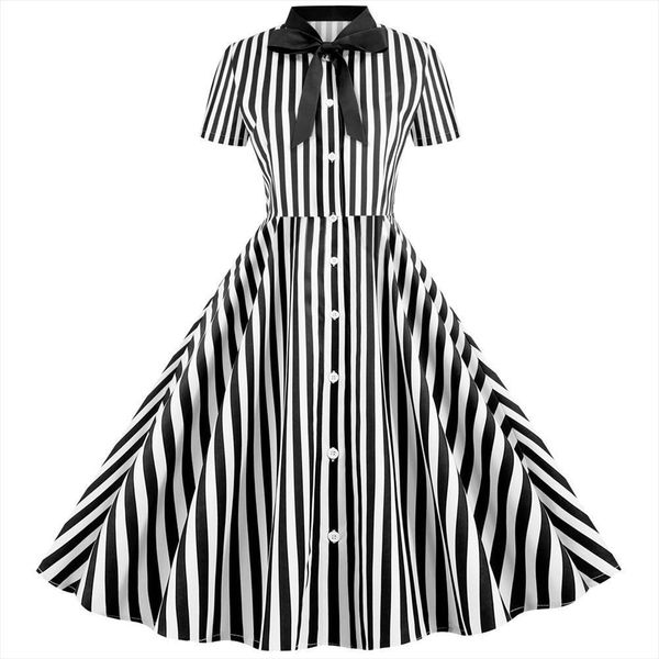 

striped vintage summer short sleeve women dress bow rockabilly party elegant office work casual vestido, Black;gray
