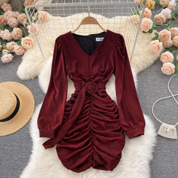 

casual dresses 2021 autumn temperament vestidos female v-neck long-sleeved pleated strap bag hip mini dress with belt df585, Black;gray