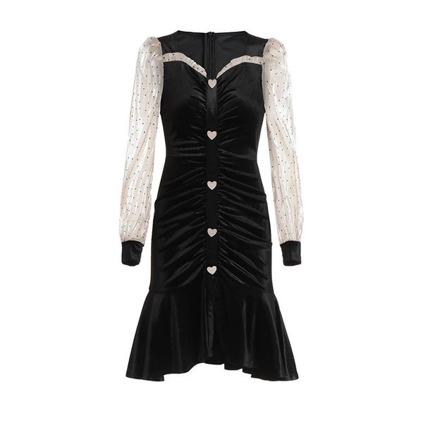 

casual dresses fall autumn long sleeve v neck black retro polka dot print velvet panelled buttons knee-length dress elegant ws23103 kc59, Black;gray