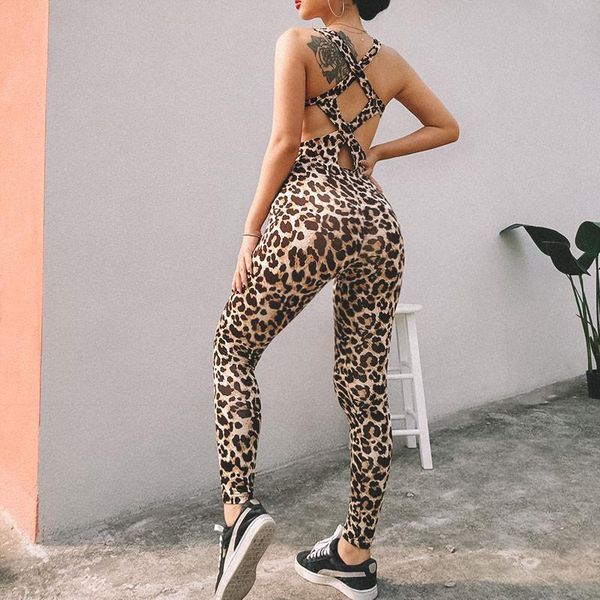 

women's jumpsuits & rompers bodysuit women leopard 2021 elastic skinny fitnees sporting back bandage hollow out female, Black;white