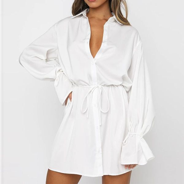 

casual dresses v neck shirt dress women pure white long sleeve lace up bandage a line mini office female autumn 2021, Black;gray