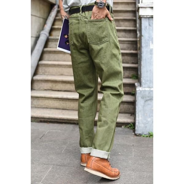 

men's jeans saucezhan men vulcanization olive green 107 selvedge denim washed slim fit 14 oz zipper, Blue