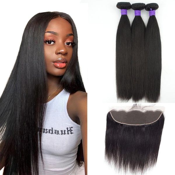 

human hair bulks straight 3 bundles brazilian with frontal closure lace 13x4 remy extension, Black