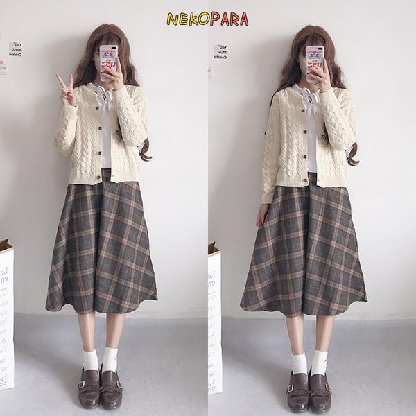

skirts preppy style simple cashmere mid-calf plaid skirt high waist fall winter casual women's a-line sweet 2021 autumn, Black