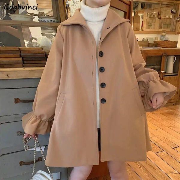 

women's wool & blends women a-line single breasted thickening coat ulzzang flare sleeve college elegant streetwear jacket outwear chic, Black