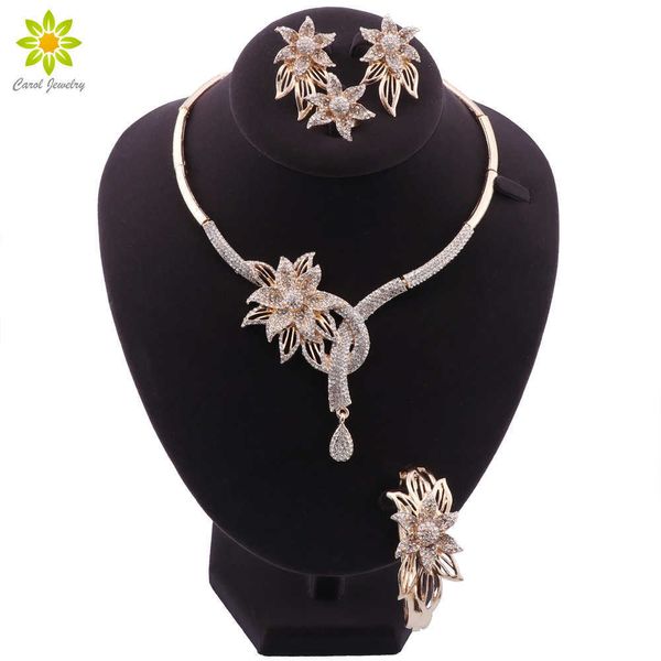 Set di gioielli color oro indiano Fiore collana bracciale orecchini anello partito elegante donna gioielli di lusso regalo di compleanno H1022