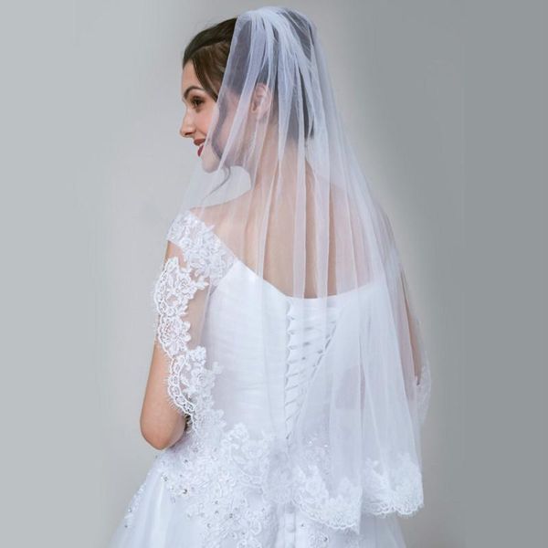 

bridal veils white ivory elbow length veil applique lace tulle wedding with comb accessories, Black