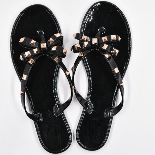 

sandals 2021 fashion woman flip flops summer shoes cool beach rivets big bow flat brand jelly girls size 36-41, Black