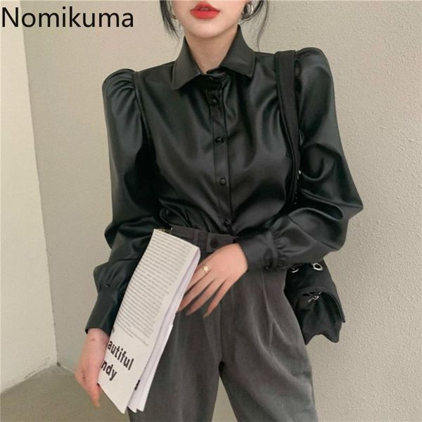

nomikuma vintage pu puff sleeve blouse women elegant korean shirt 2021 spring causal turn-down collar blusas feminimos 6d958 women's bl, White