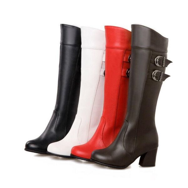 

boots womens pu leather block multiple buckle side zipper knee high round toe, Black