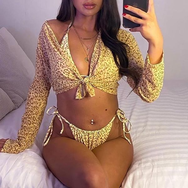 

women's swimwear jyojyo 3 piece swimsuit women leopard bikini set with long sleeve cover up tie side string woman bathing suit, White;black