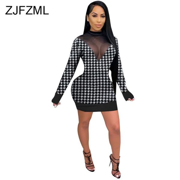 

casual dresses sheer mesh houndstooth print see through dress women elegant high necked long sleeve package hip vintage party club, Black;gray