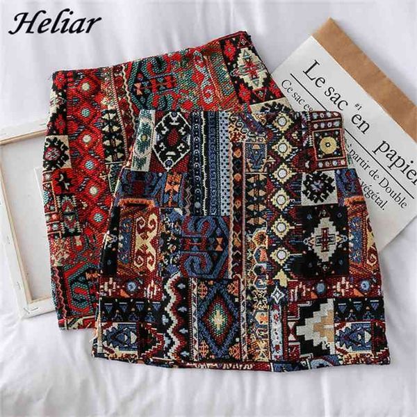 HELIAR Frauen Boho Rock Stickerei A-Linie Miniröcke Chic Geometrie Muster Wolle Breites Bein Vintage Bohemian Folk 210702