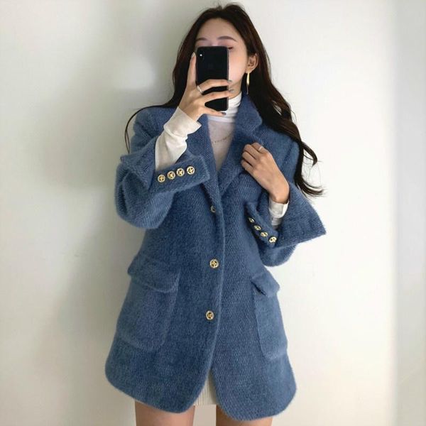 

women's jackets korean fashion double pockets warm coats women chic notched collar straight autumn winter vintage single breasted, Black;brown
