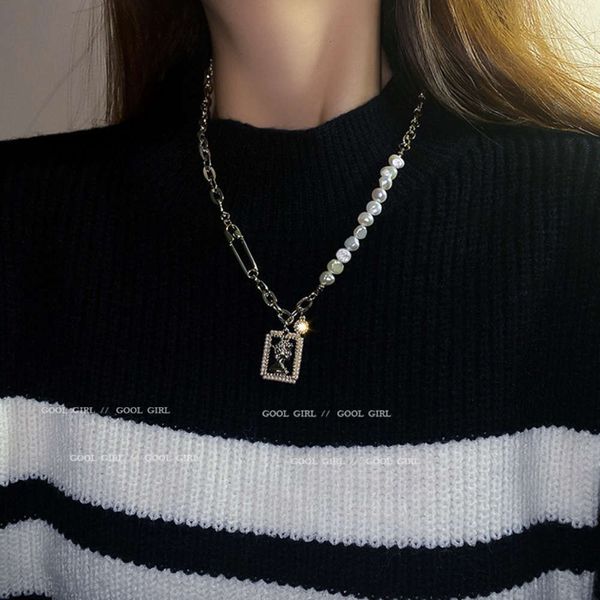 

necklacereal gold electroplated diamond inlaid pearl mosaic korean east gate fashion portrait square brand pendant temperament necklace, Silver
