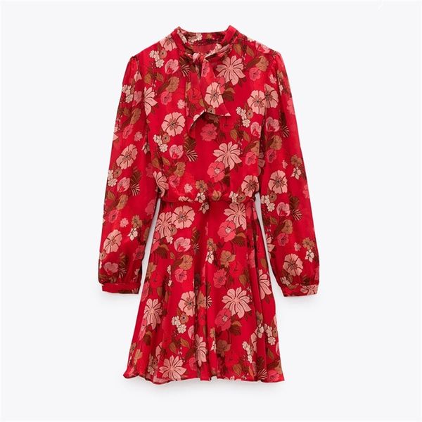 

red floral printed chiffon mini dress women fashion bow o-neck pleated long sleeve woman vintage elegant es 210519, Black;gray