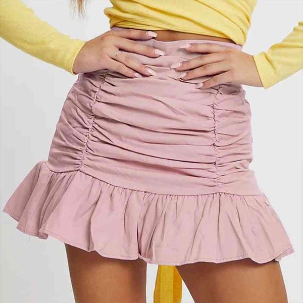 

solid pink ruffles womens mermaid mini skirt high waist hip zipper sweet streetwear girls spring summer fashion mujer faldas, Black