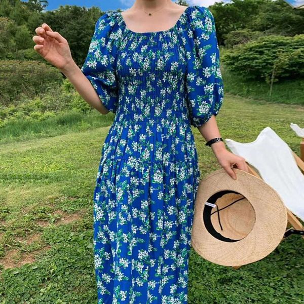 

casual dresses dress women clothessummer foreign style round neck pleated waist show long and thin foam sleeve floral ge19, Black;gray