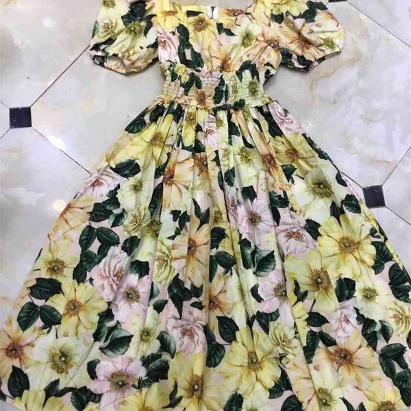 

truevoker summer runway designer 100% cotton cottagecor dress lady short sleeve square collar flower print vocation robe 210602, Black;gray