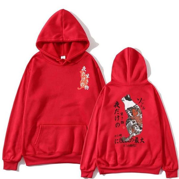 

1fashion brand autumn and winter hip hop japanese cat print hooded pullover sweater loose street youth sweatshirt, Black
