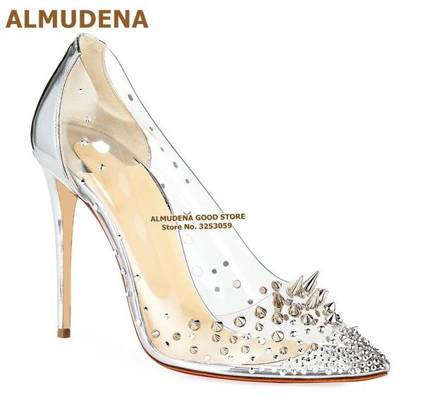 

dress shoes almudena clear pvc silver rivets high heel pumps designer pointed toe thin wedding bling crystal, Black