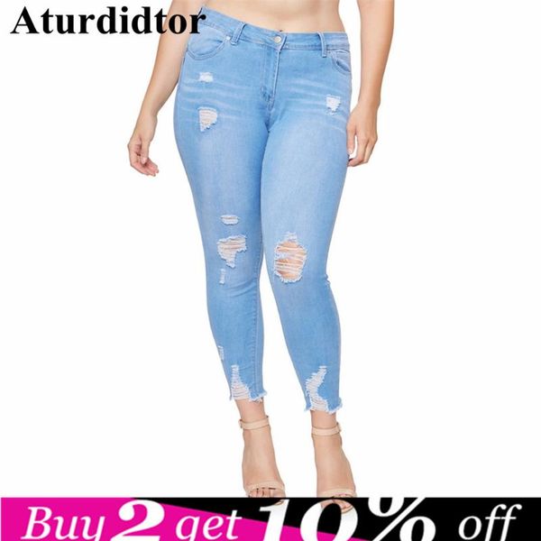 

women's jeans 7xl plus size high waist women female pant slim elastic large stretch hole big denim blue skinny pencil pants 6xl