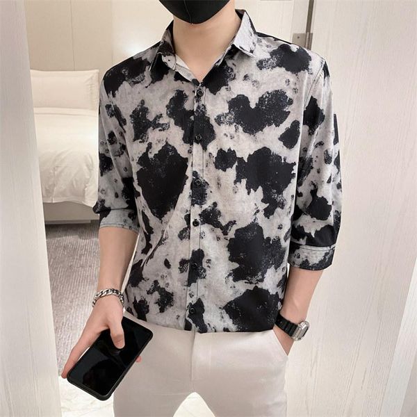 

men's casual shirts summer tie dye for men half sleeve streetwear social shirt male slim fit party blouse clothing chemise homme, White;black